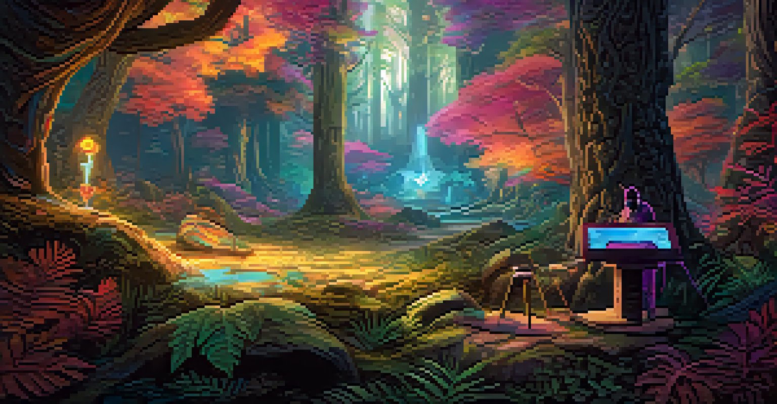 A player in a VR environment carving in a mystical forest, surrounded by vibrant colors and magical creatures.