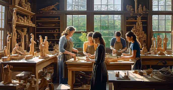 A group of female artisans working together in a sunlit workshop, carving intricate wooden sculptures with various tools.
