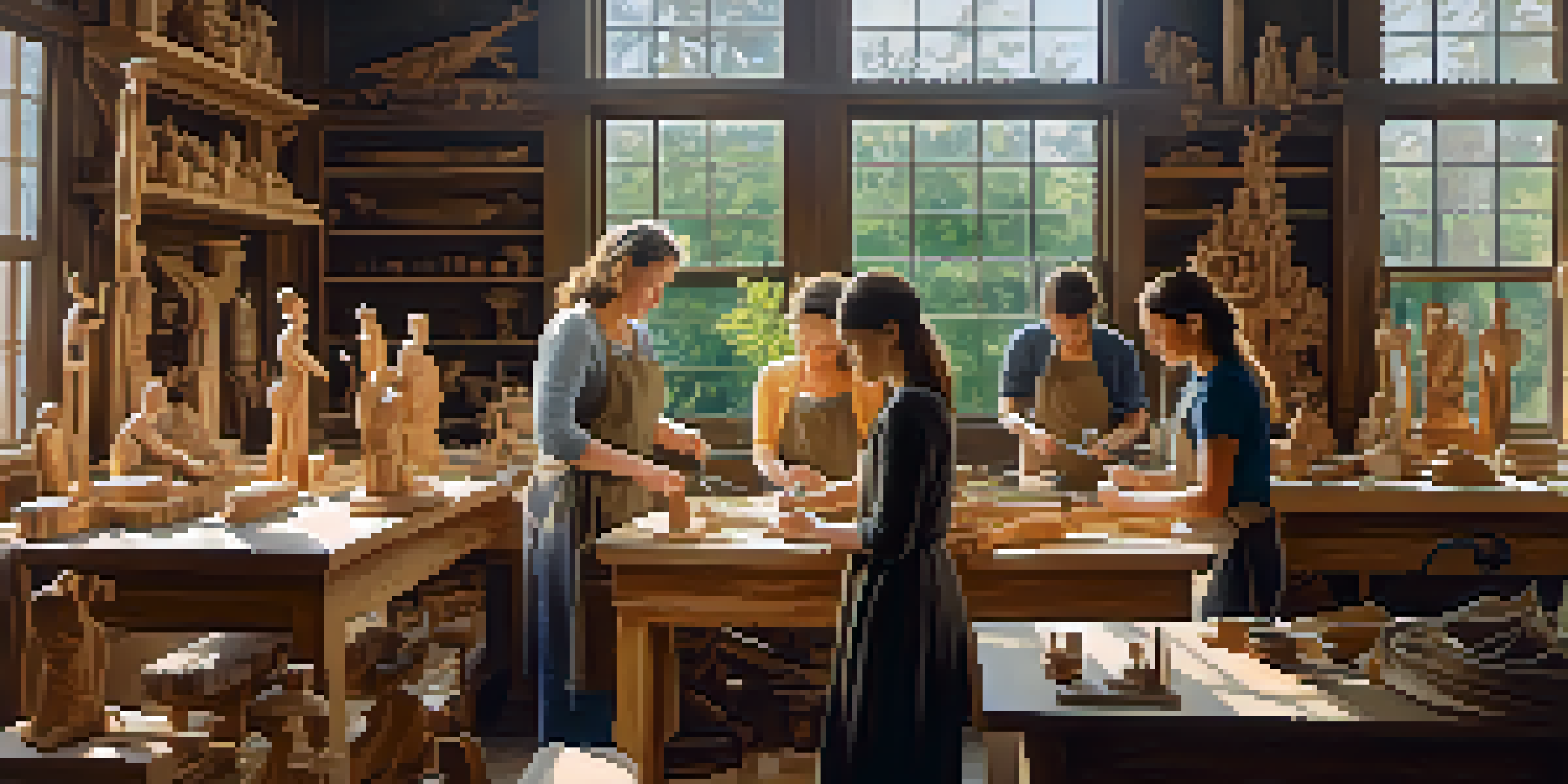 A group of female artisans working together in a sunlit workshop, carving intricate wooden sculptures with various tools.