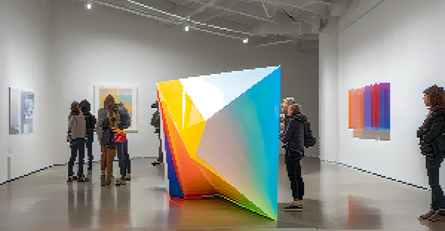 A 3D-printed geometric sculpture in a modern art gallery, surrounded by visitors, with colorful reflections on the walls and a digital display explaining its design.