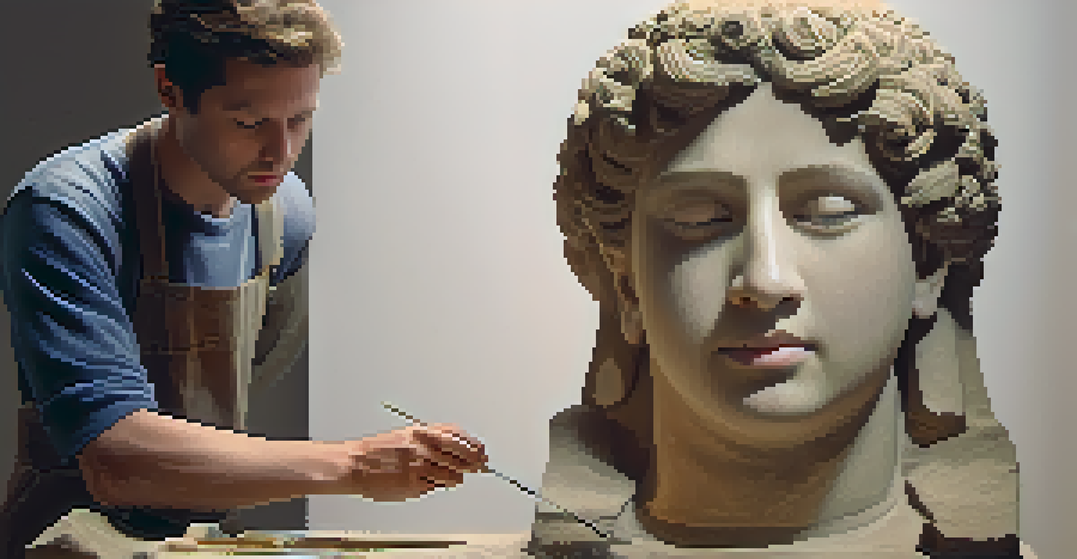 A conservator restoring an ancient stone sculpture with a carving tool, surrounded by tools and reference materials.