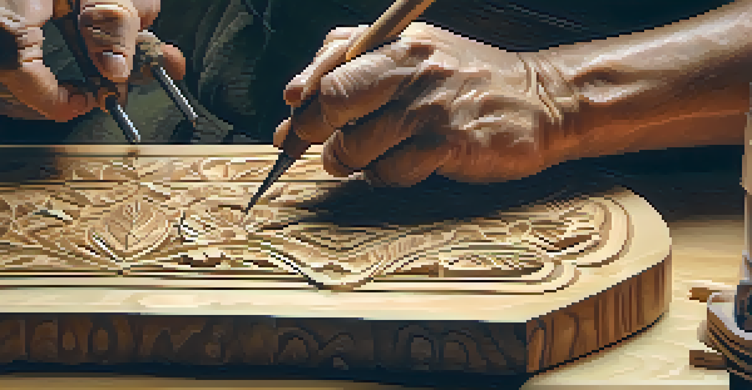 A close-up of hands carving intricate patterns into a block of wood, showcasing tools and textures with soft lighting.