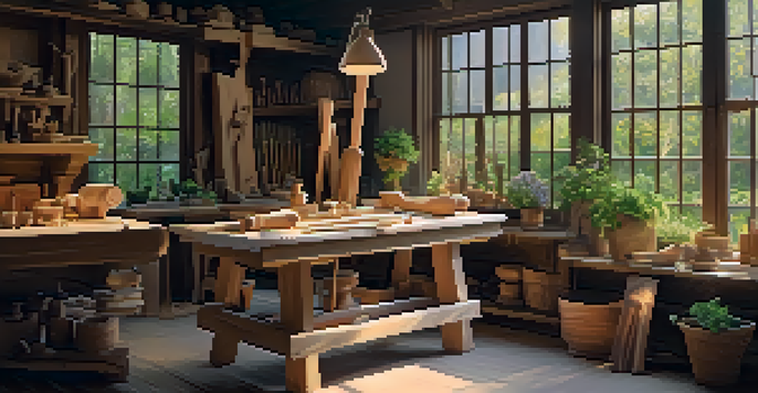 A peaceful wood carving workshop with a workbench, carving tools, and a view of a garden outside.