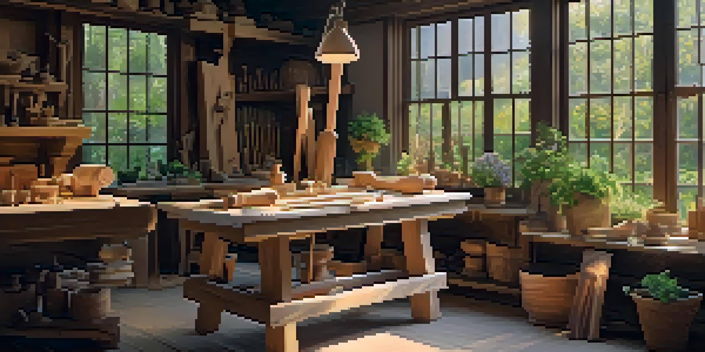 A peaceful wood carving workshop with a workbench, carving tools, and a view of a garden outside.