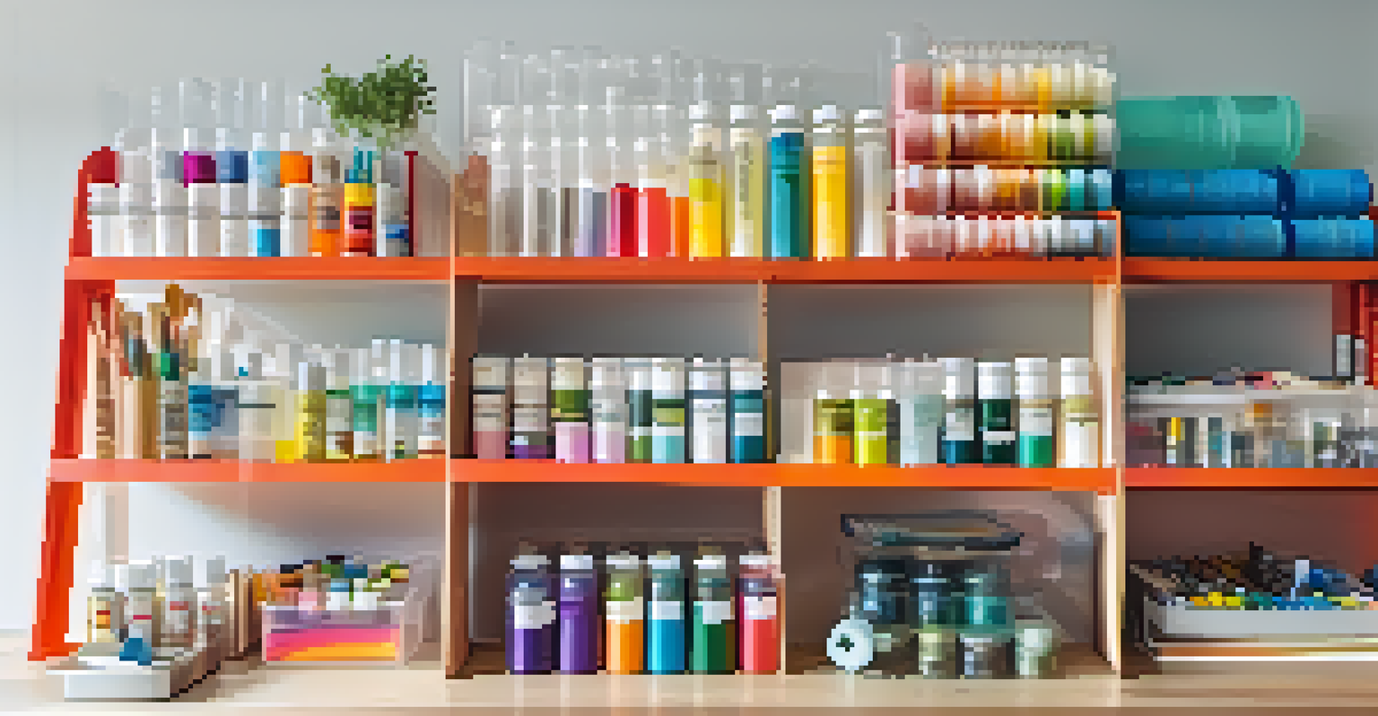 A tidy workspace with organized storage made from repurposed plastic bottles, holding various craft supplies and labeled sections.