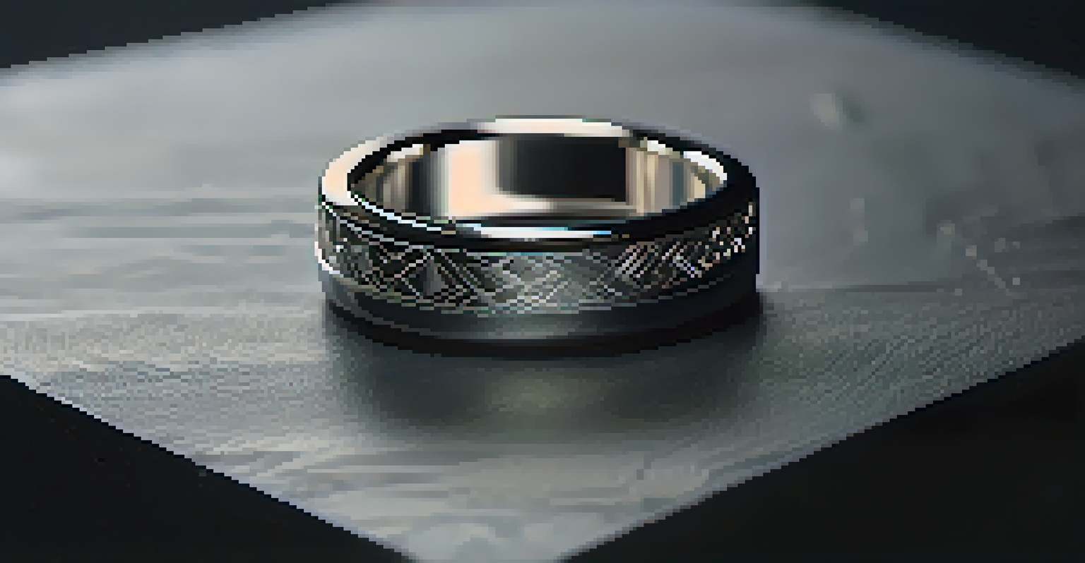 An elegant silver ring with geometric carvings placed on a smooth black stone.