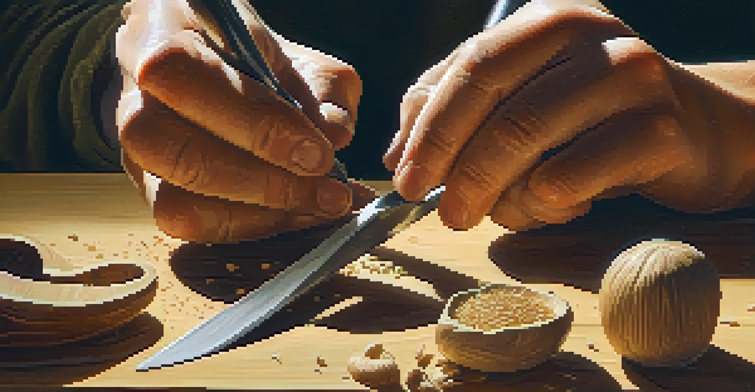 Close-up of hands carving a wooden spoon, highlighting the craftsmanship and wood details.