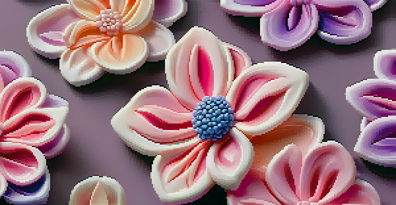 A polished piece of polymer clay jewelry shaped like a flower, showcasing vibrant pink and purple colors against a neutral background.