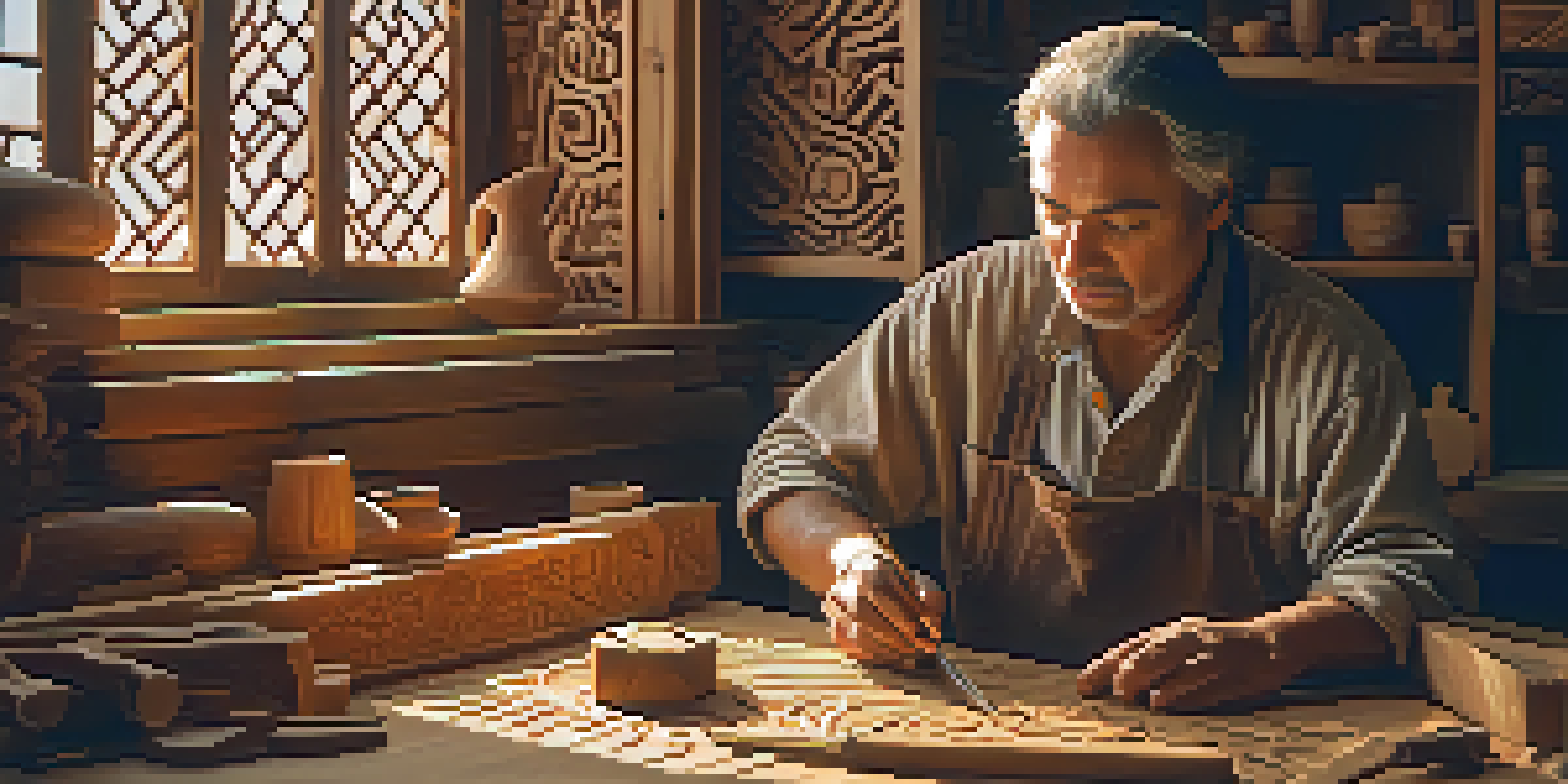 An artisan carving a wooden block with intricate patterns in a warmly lit workshop, surrounded by traditional tools.