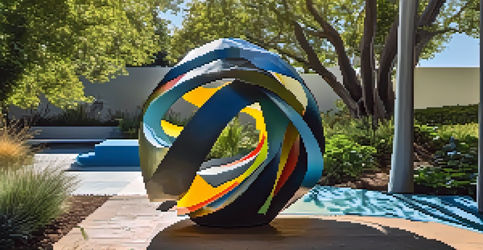 A modernist sculpture created from reclaimed materials, set in a sunny outdoor area with greenery and blue sky in the background.