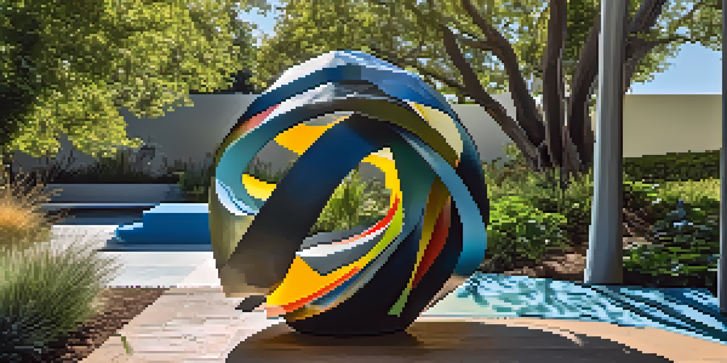 A modernist sculpture created from reclaimed materials, set in a sunny outdoor area with greenery and blue sky in the background.