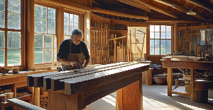 A wood carving studio filled with sunlight, showcasing an artisan at work on a wooden carving, surrounded by tools and wood materials.