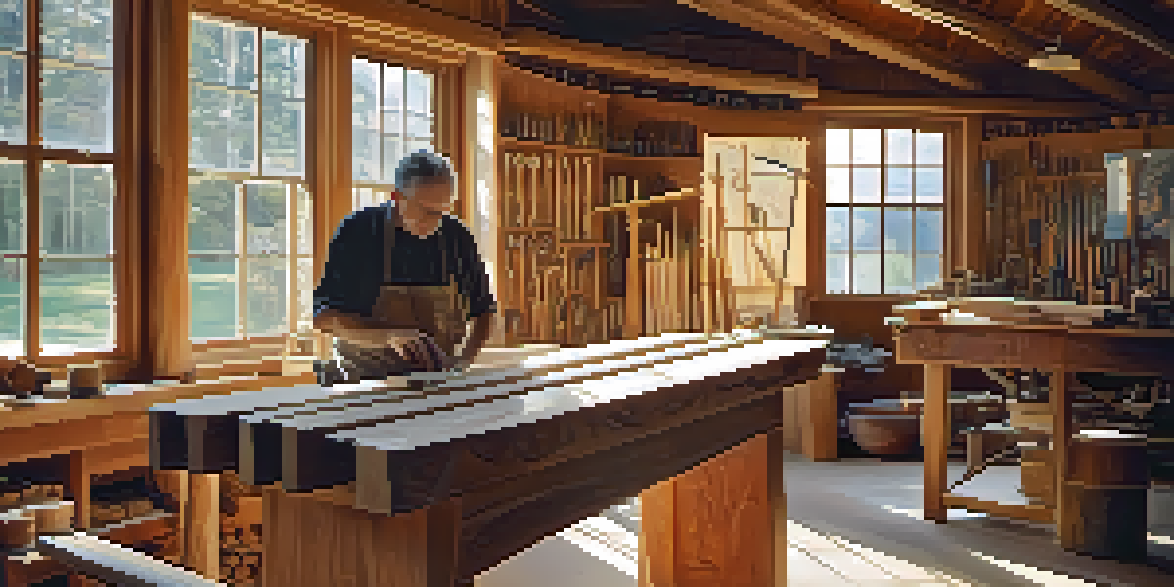 A wood carving studio filled with sunlight, showcasing an artisan at work on a wooden carving, surrounded by tools and wood materials.