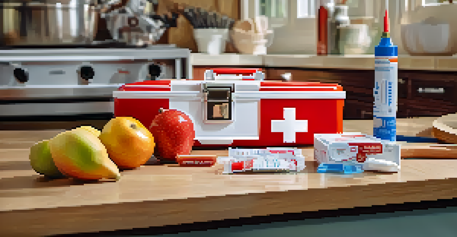 A first aid kit on a kitchen countertop next to carving tools, emphasizing emergency preparedness for food carving.