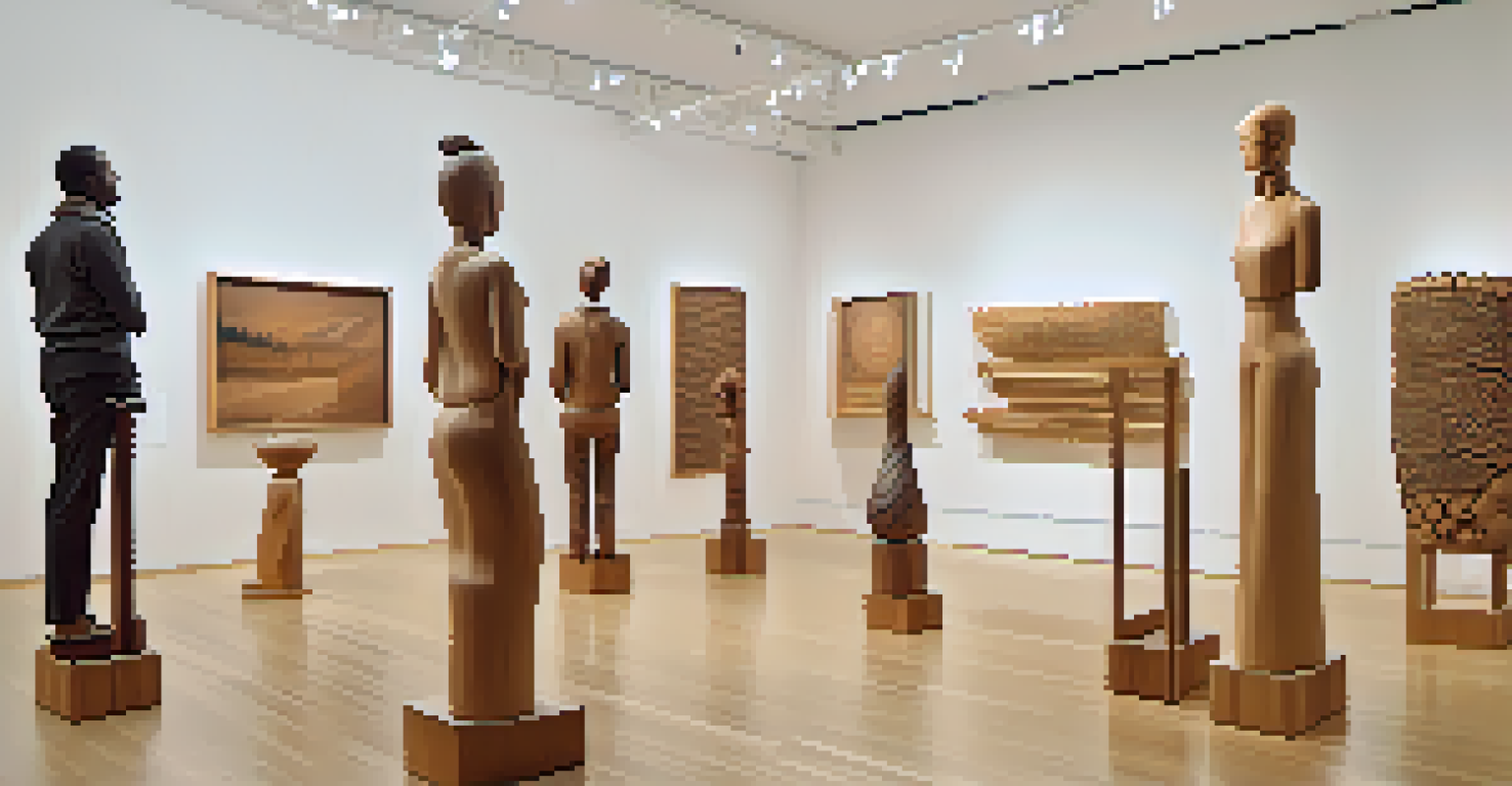 A modern art gallery displaying wooden sculptures by female artisans, with visitors appreciating the artworks in a bright and inclusive space.