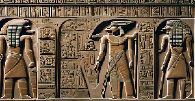 A close-up view of an Ancient Egyptian carving of a pharaoh with intricate hieroglyphics and floral designs, illuminated by soft natural light.