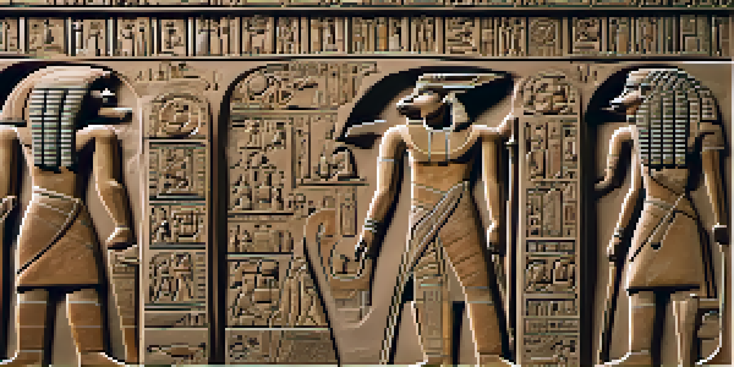 A close-up view of an Ancient Egyptian carving of a pharaoh with intricate hieroglyphics and floral designs, illuminated by soft natural light.