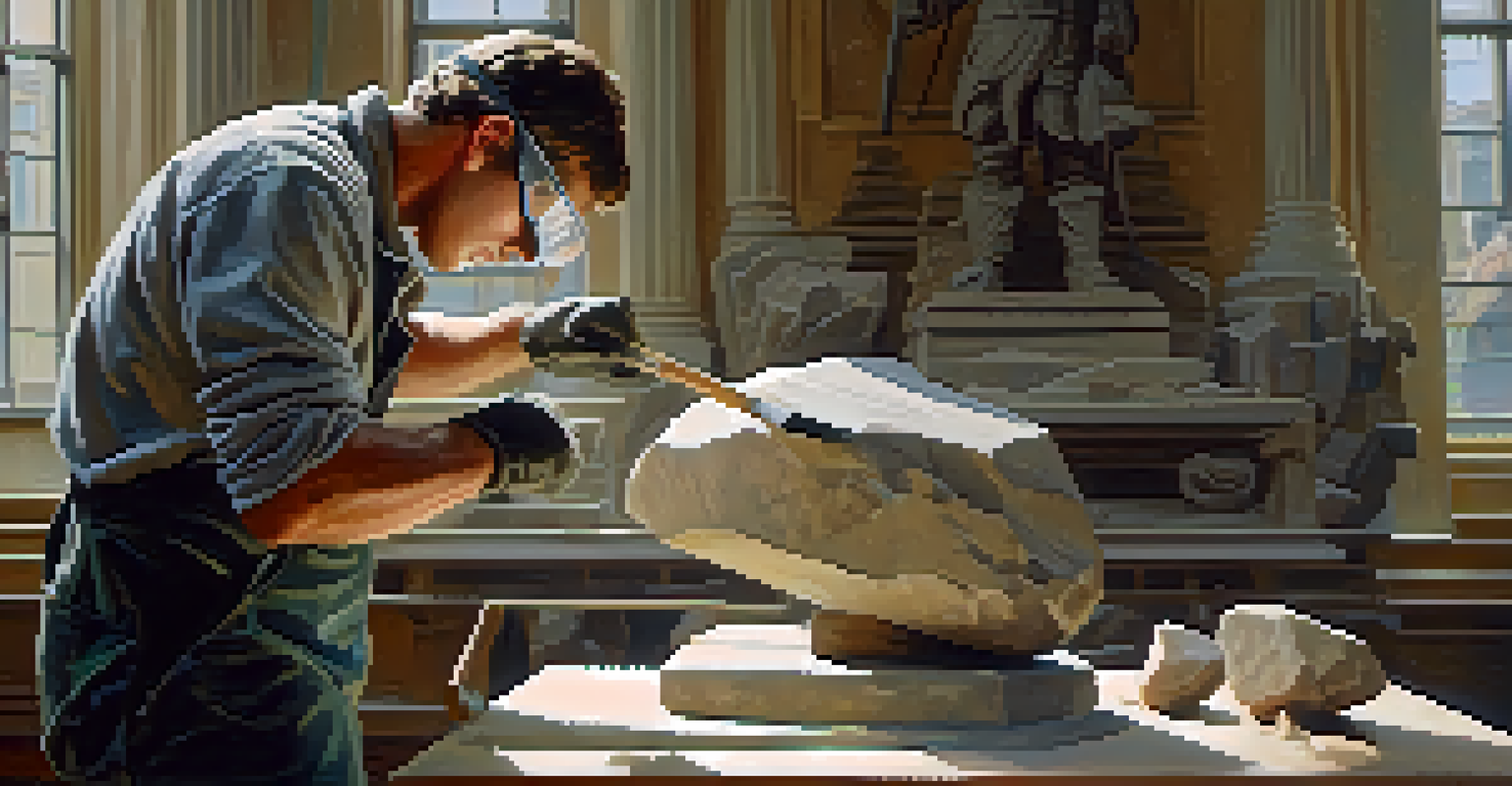 A sculptor in safety gear carving a stone sculpture, with flying stone fragments.