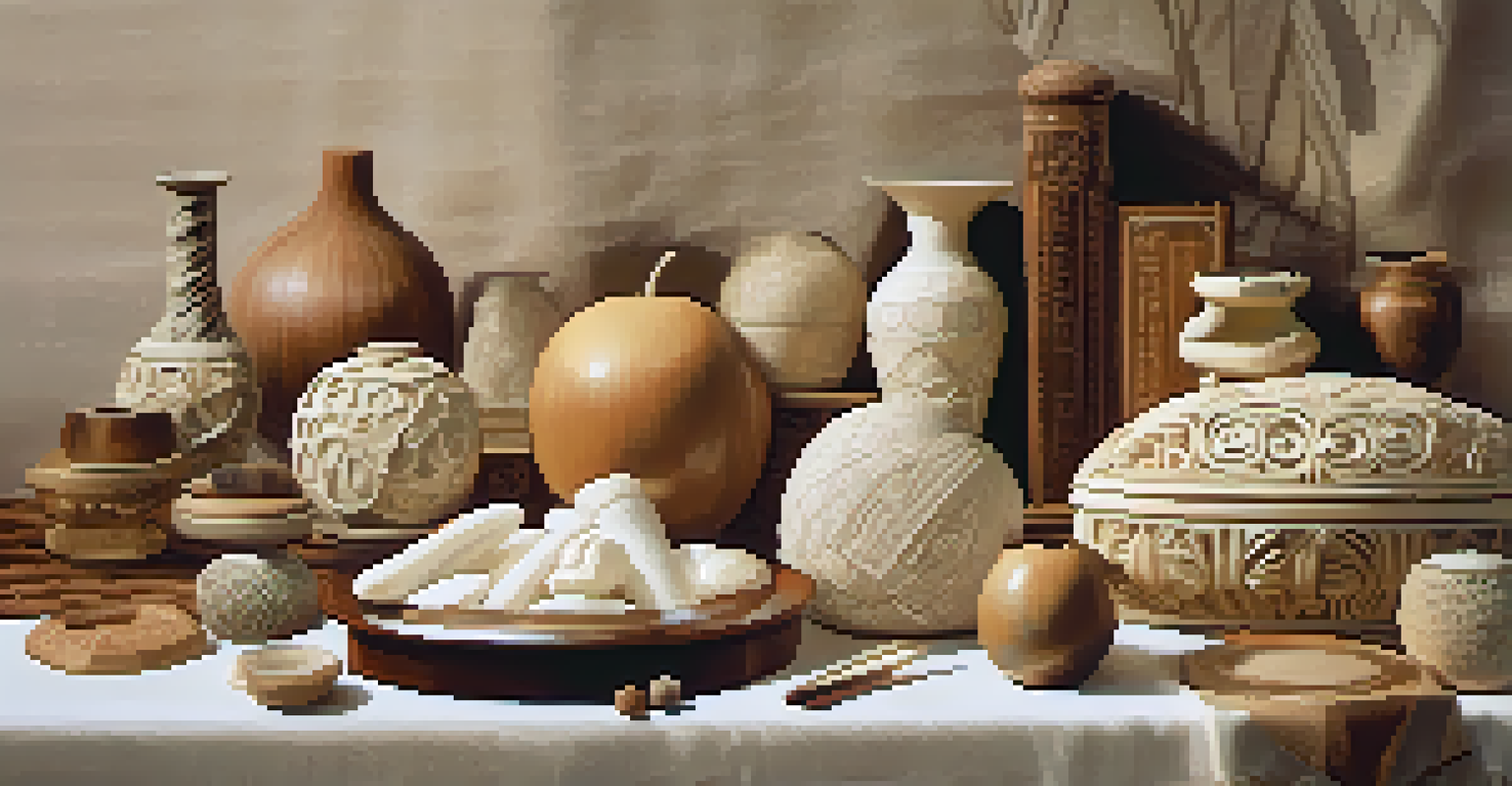 Artistic arrangement of carved wood, stone, and ivory pieces on light fabric with soft diffused lighting.