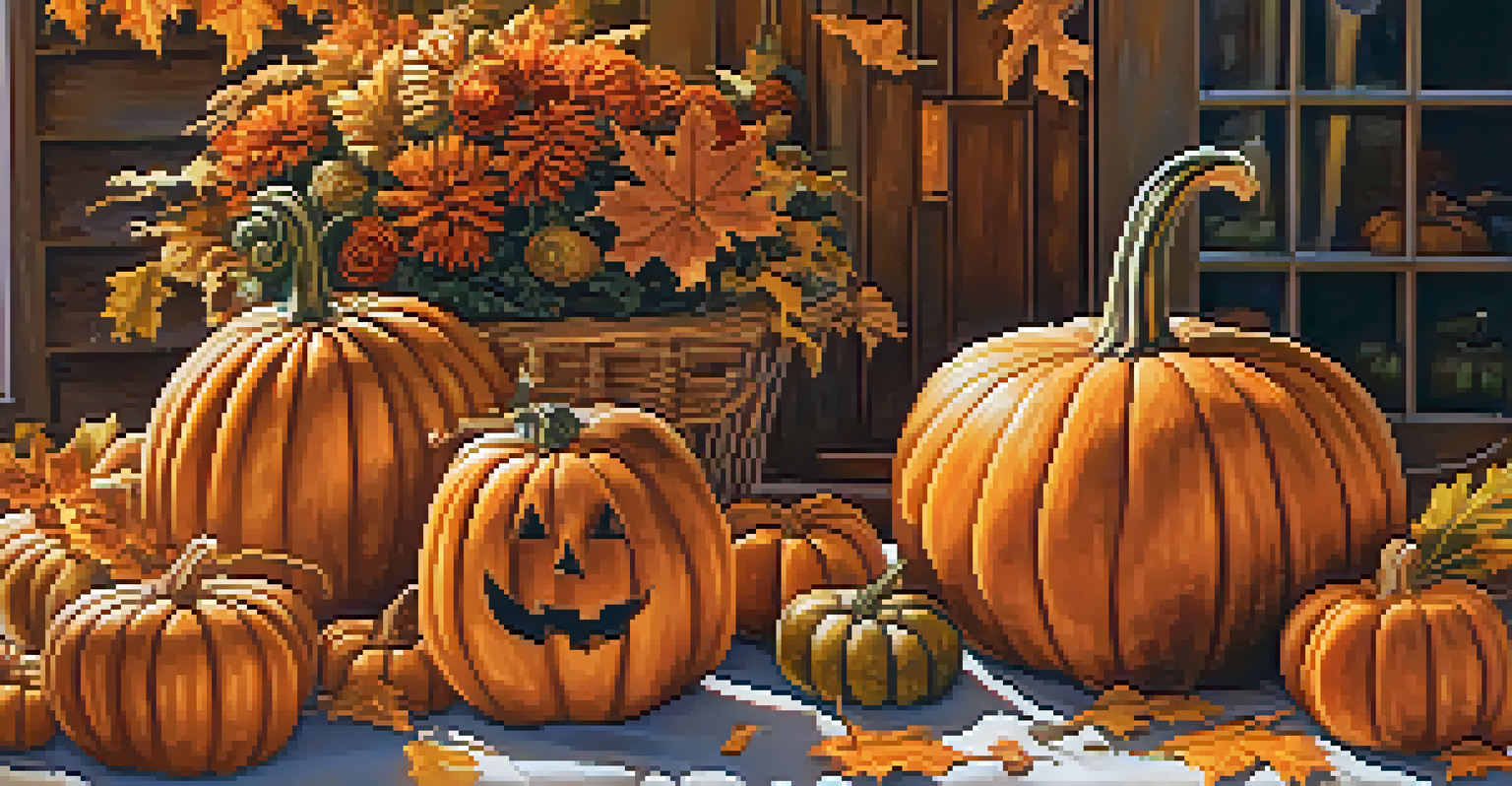 A colorful pumpkin carving contest with various creatively carved pumpkins on display in an autumn setting.