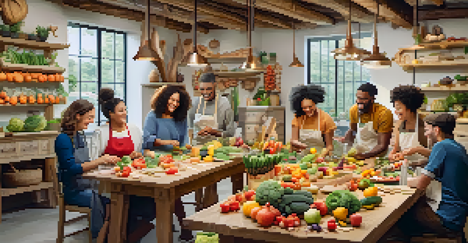 A group of friends enjoying a food carving workshop, surrounded by colorful fruits, vegetables, and carving tools.