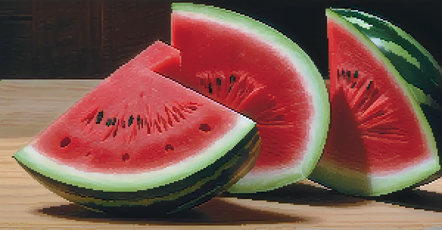 A close-up of a watermelon being carved using the 'V' cut technique, showcasing the intricate details and vibrant colors.
