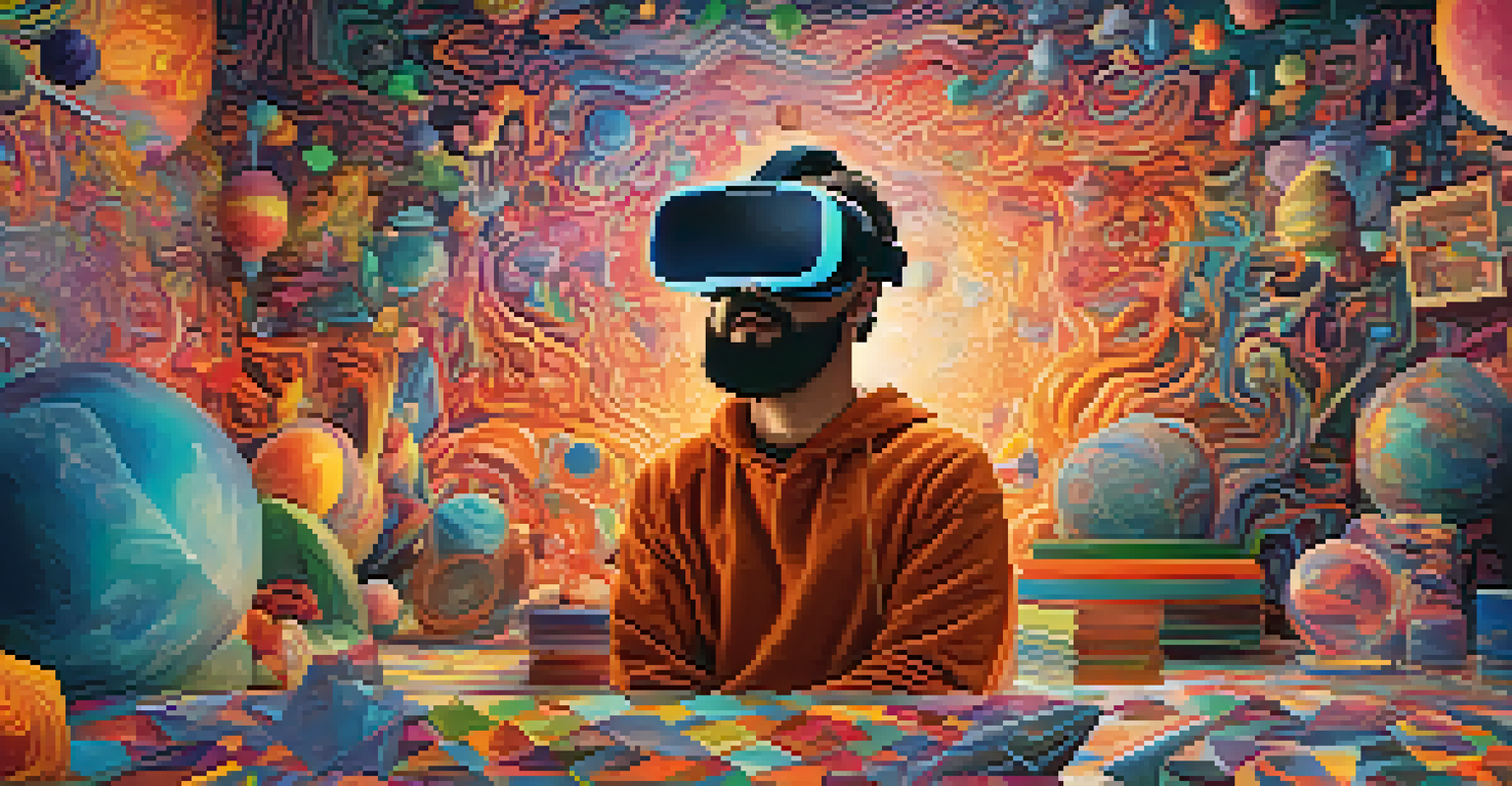An artist using virtual reality goggles to explore colorful digital 3D designs of carved objects in a vibrant setting.