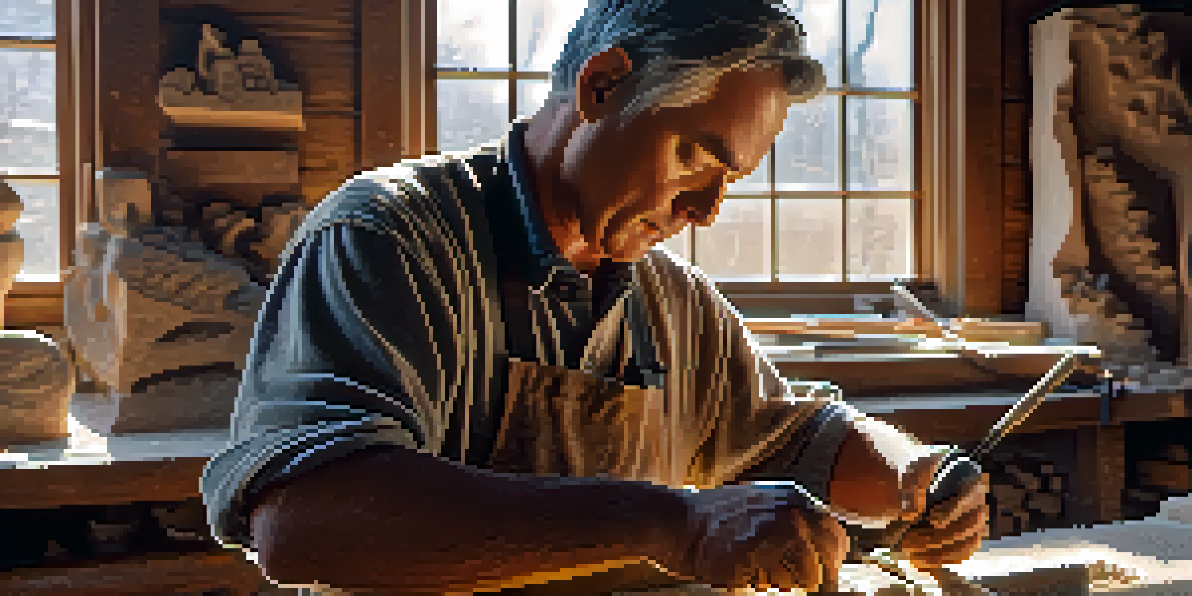 An artisan working on a stone sculpture in a bright workshop, with tools and unfinished pieces around.