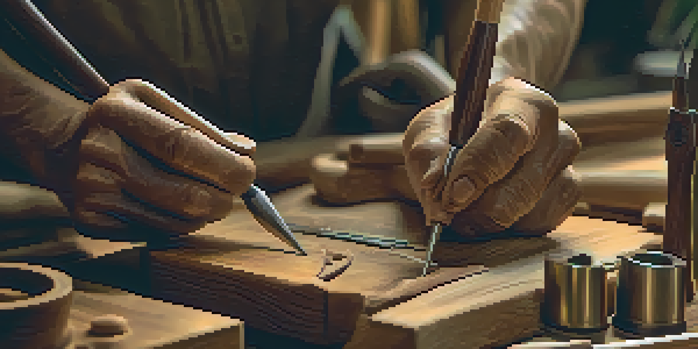 A sculptor's hands working on a wooden statue, with carving tools on a workbench and warm lighting illuminating the scene.