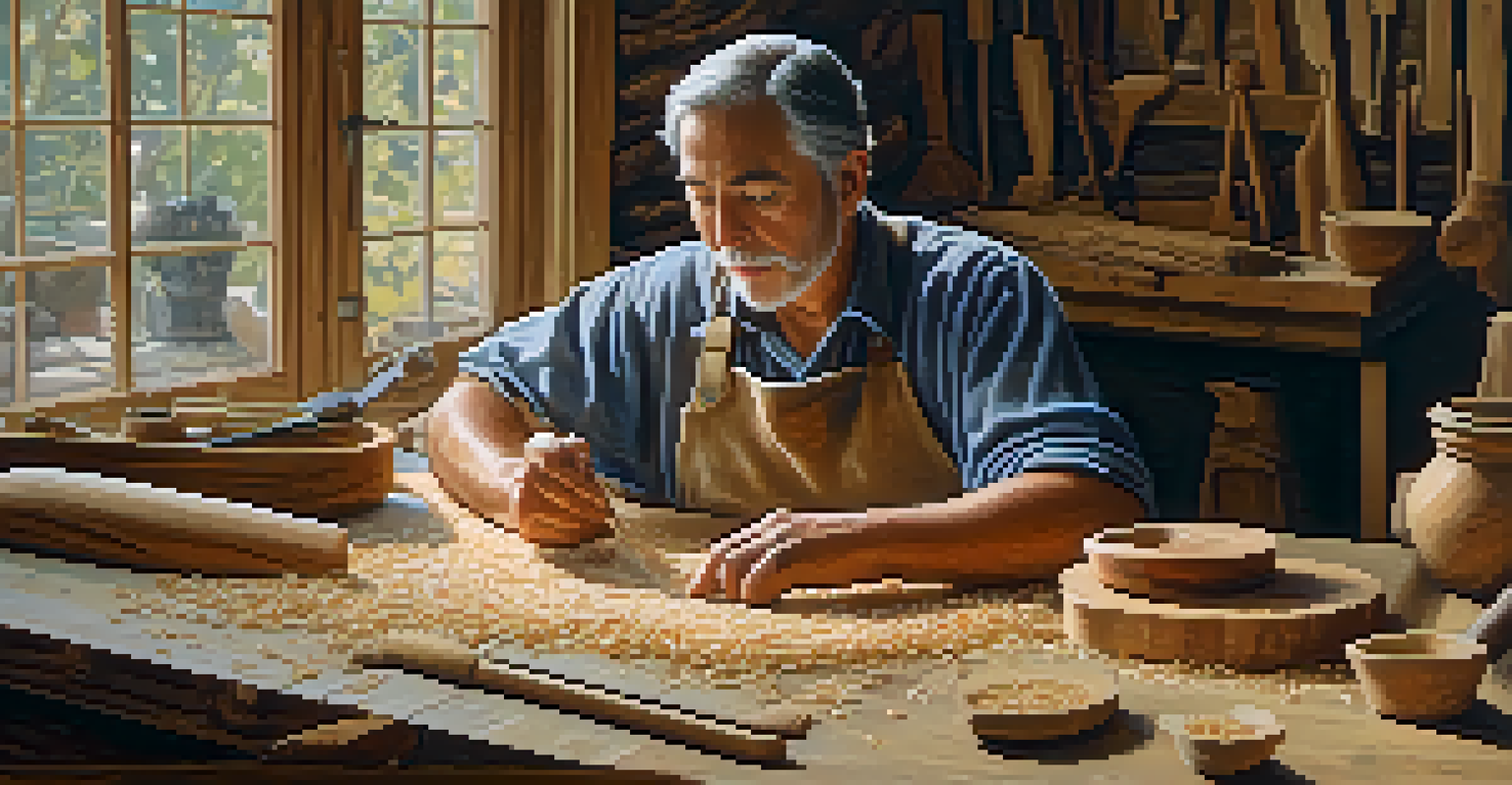 An artist concentrating on wood carving at a rustic table, surrounded by tools and wood shavings, bathed in soft natural light.