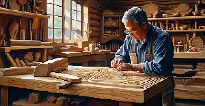 An artisan in a wood carving workshop, focused on creating intricate designs, surrounded by tools and wood shavings, with warm natural light illuminating the space.