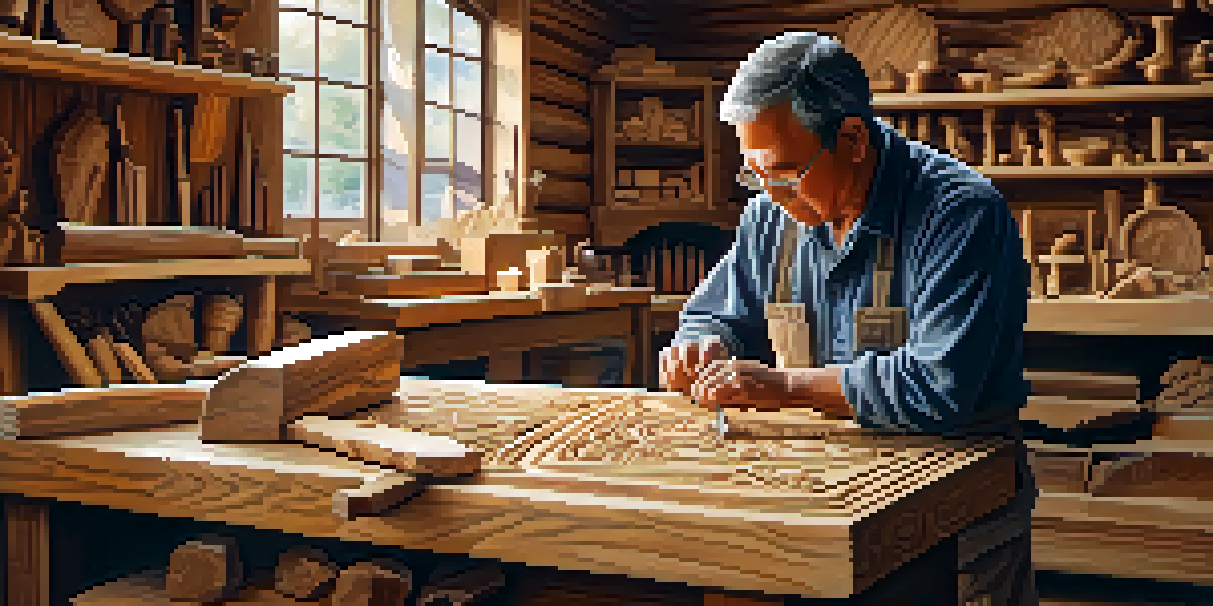 An artisan in a wood carving workshop, focused on creating intricate designs, surrounded by tools and wood shavings, with warm natural light illuminating the space.