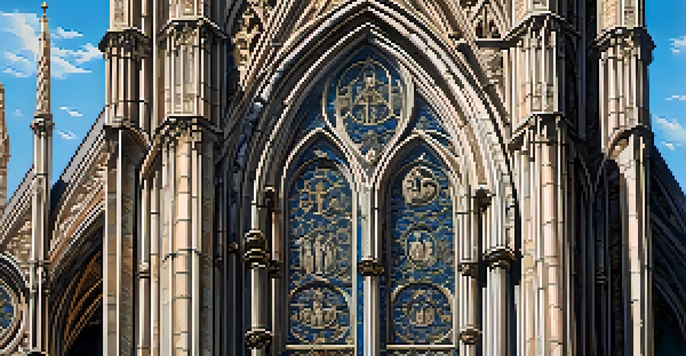 Close-up view of intricate Gothic cathedral carvings with detailed biblical figures and mythical creatures, illuminated by sunlight against a blue sky.