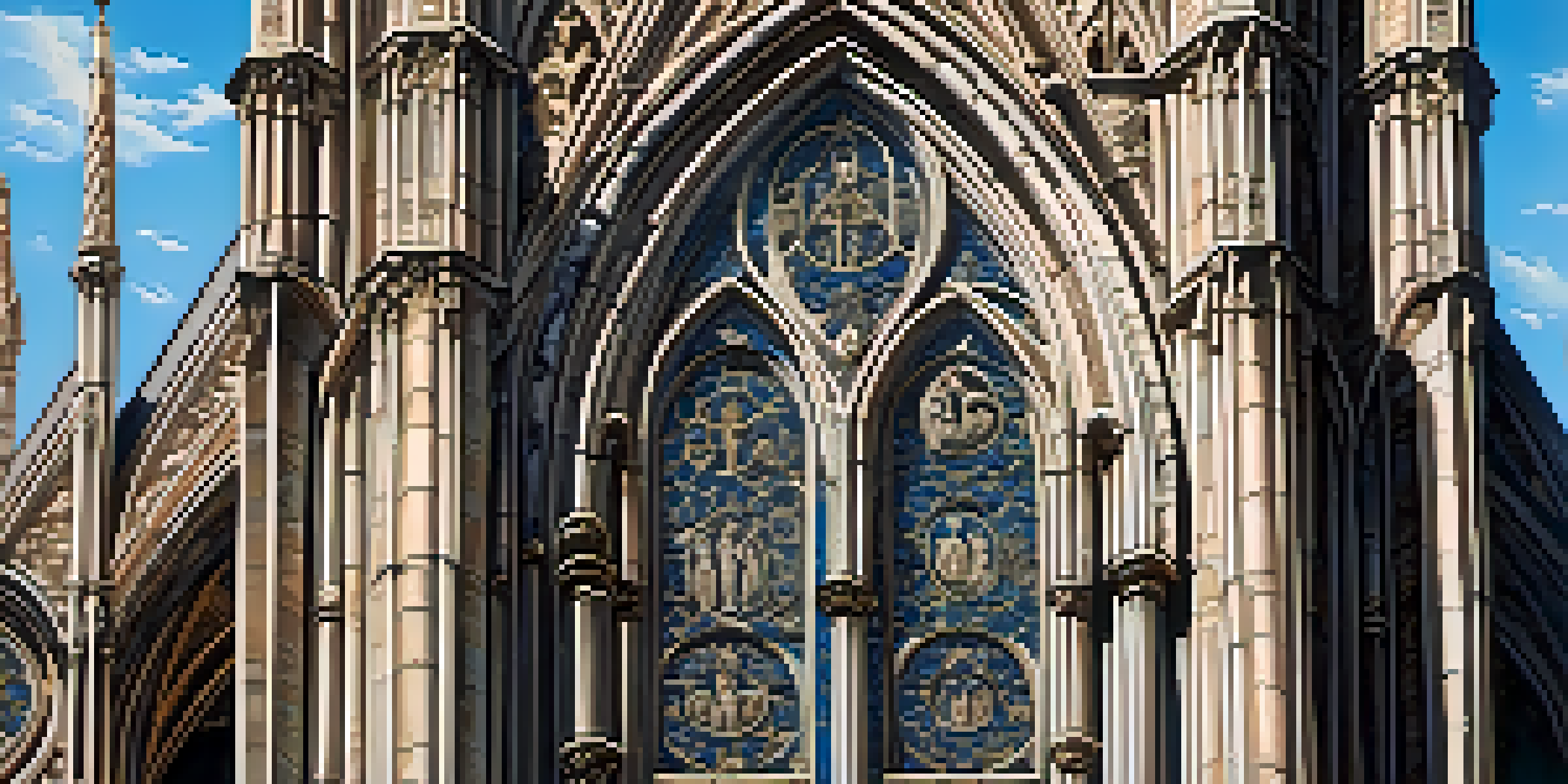 Close-up view of intricate Gothic cathedral carvings with detailed biblical figures and mythical creatures, illuminated by sunlight against a blue sky.