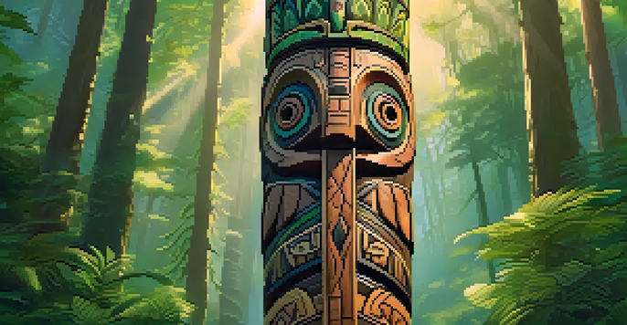 A tall wooden totem pole with intricate carvings of animals and symbols in a green forest with sunlight filtering through the trees.