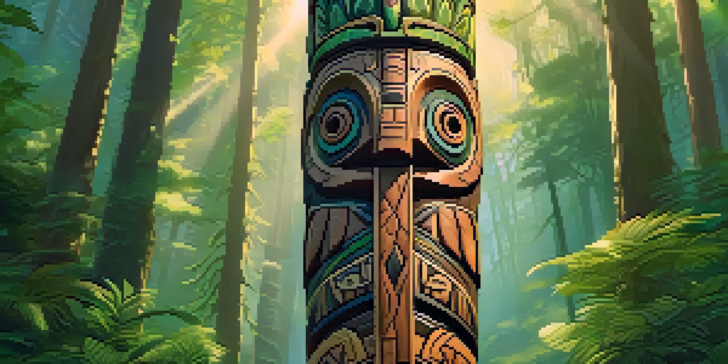 A tall wooden totem pole with intricate carvings of animals and symbols in a green forest with sunlight filtering through the trees.