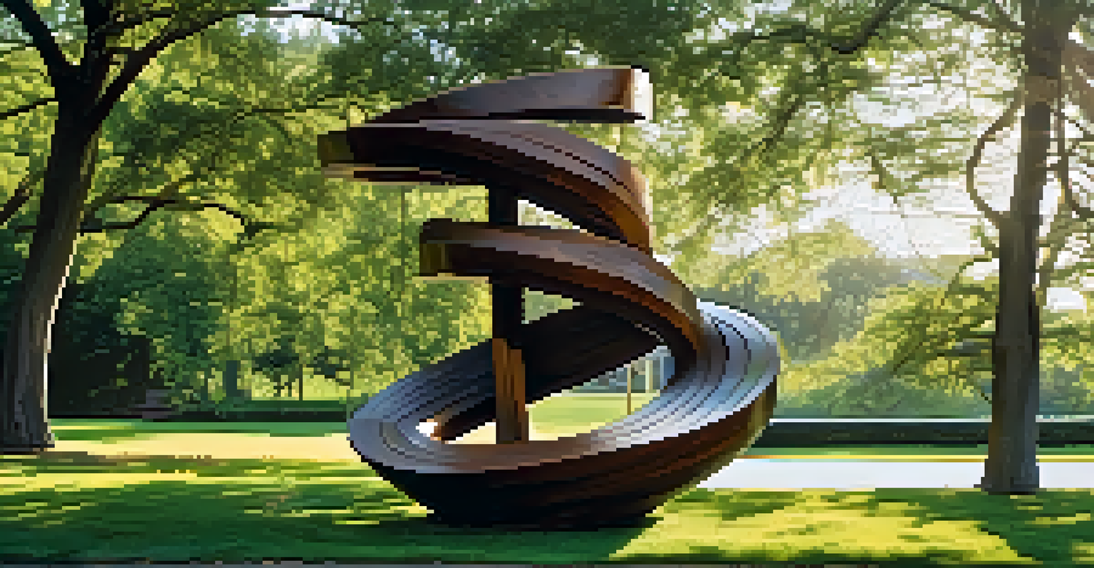 An outdoor sculpture of a twisting tree made from reclaimed wood, surrounded by greenery and sunlight.