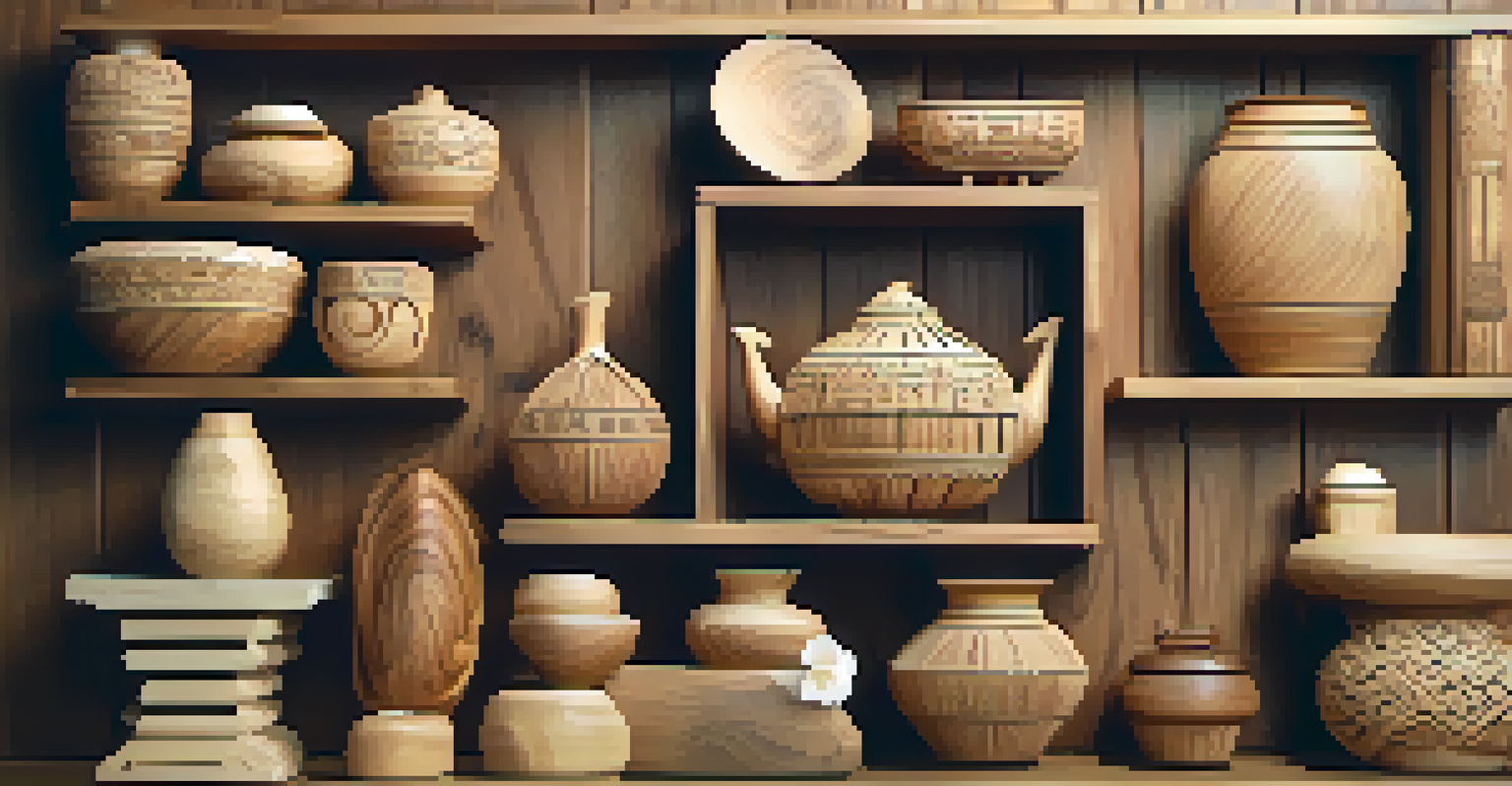 An artistic display of intricately carved wooden pieces representing various cultural traditions against a rustic wooden wall.