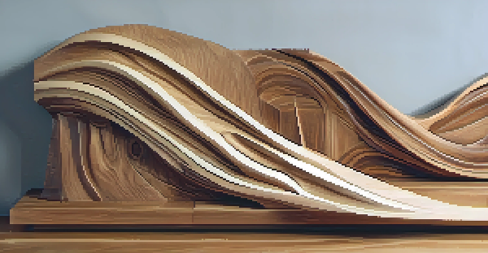 A detailed wooden sculpture with flowing lines and contrasting textures, illuminated by soft lighting, inviting exploration.