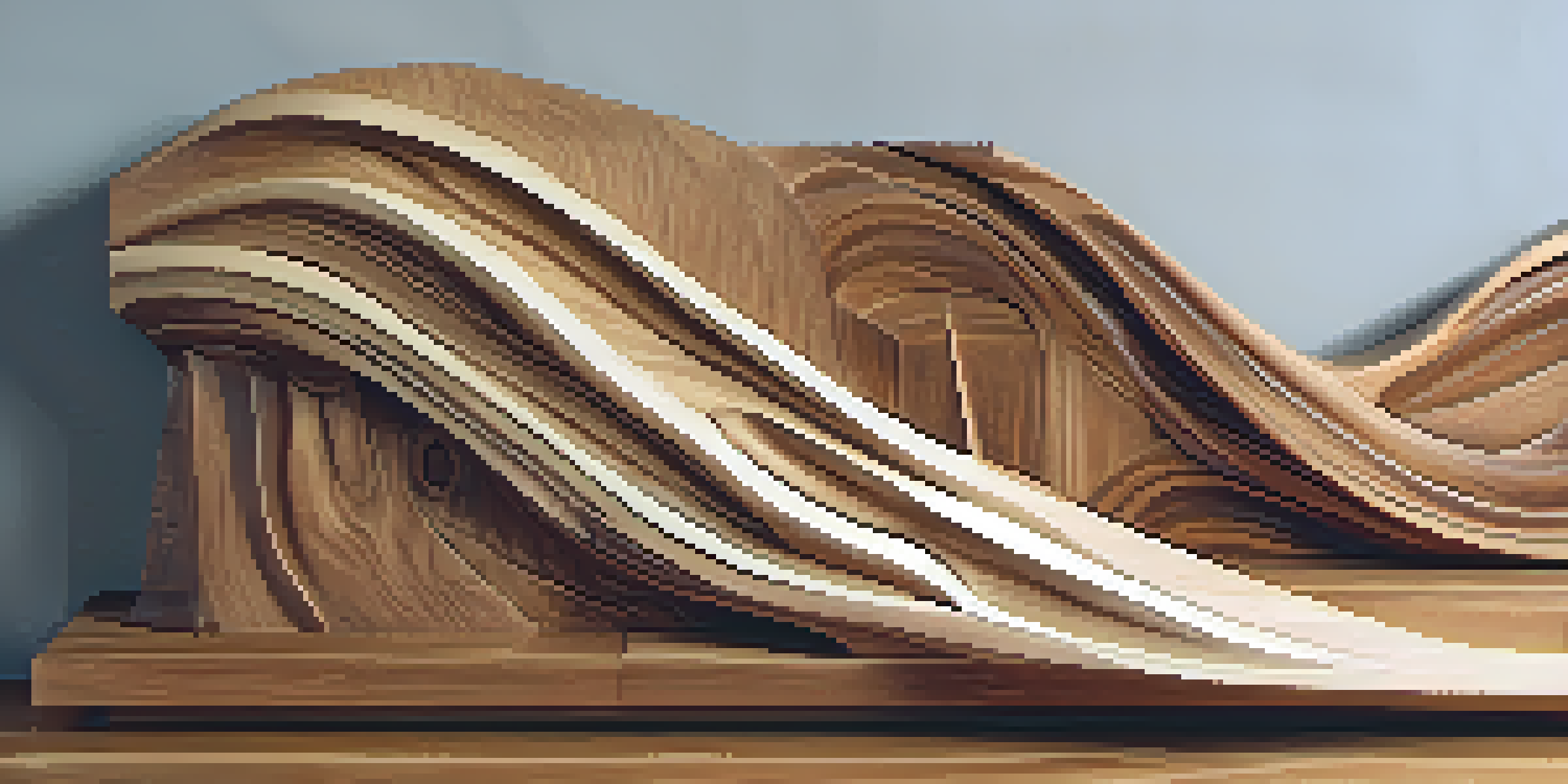 A detailed wooden sculpture with flowing lines and contrasting textures, illuminated by soft lighting, inviting exploration.