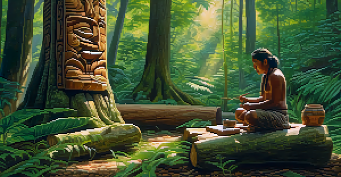 An artisan carving a wooden totem in a lush forest, with sunlight filtering through the trees and intricate details on the totem.