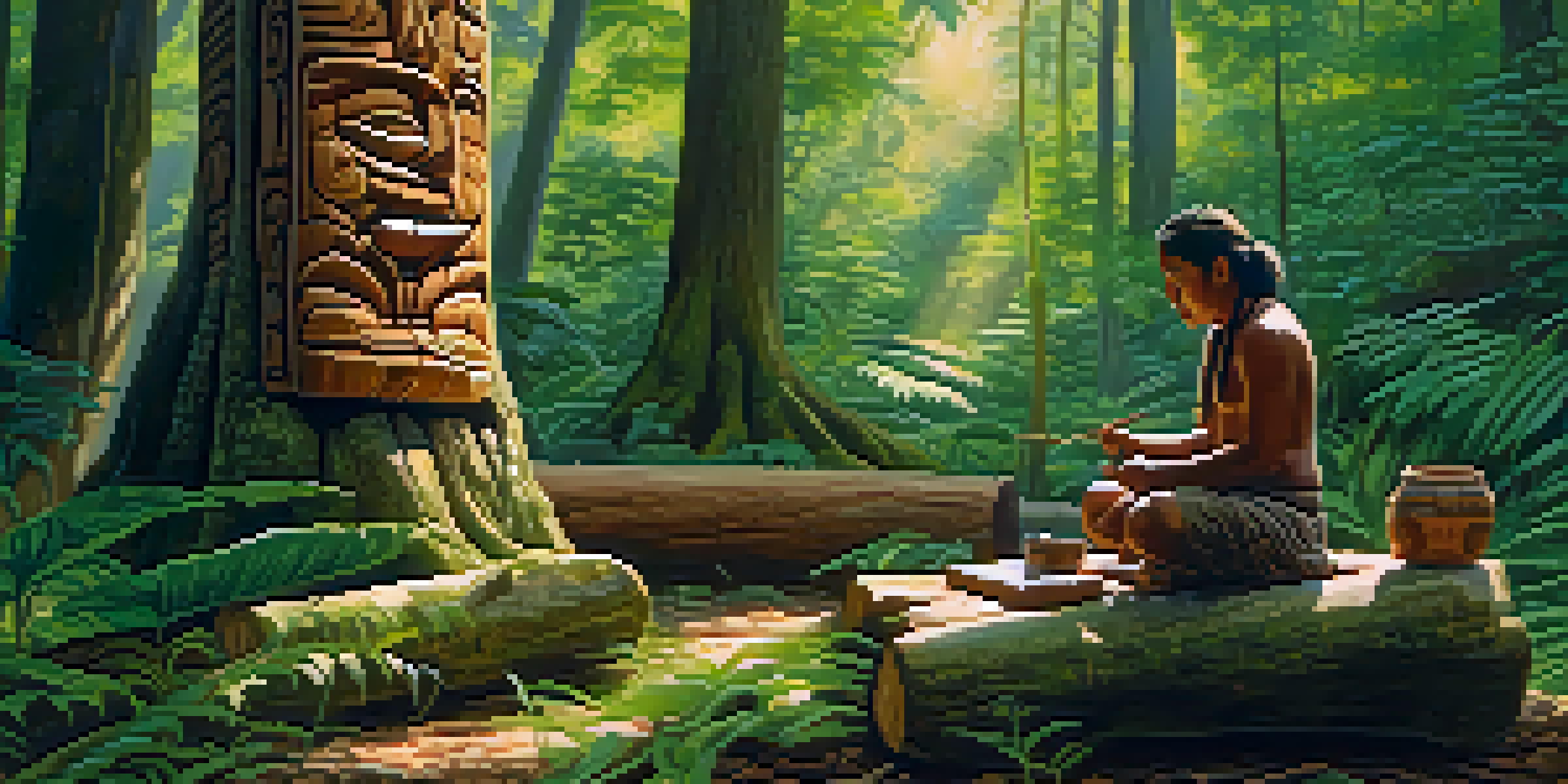 An artisan carving a wooden totem in a lush forest, with sunlight filtering through the trees and intricate details on the totem.
