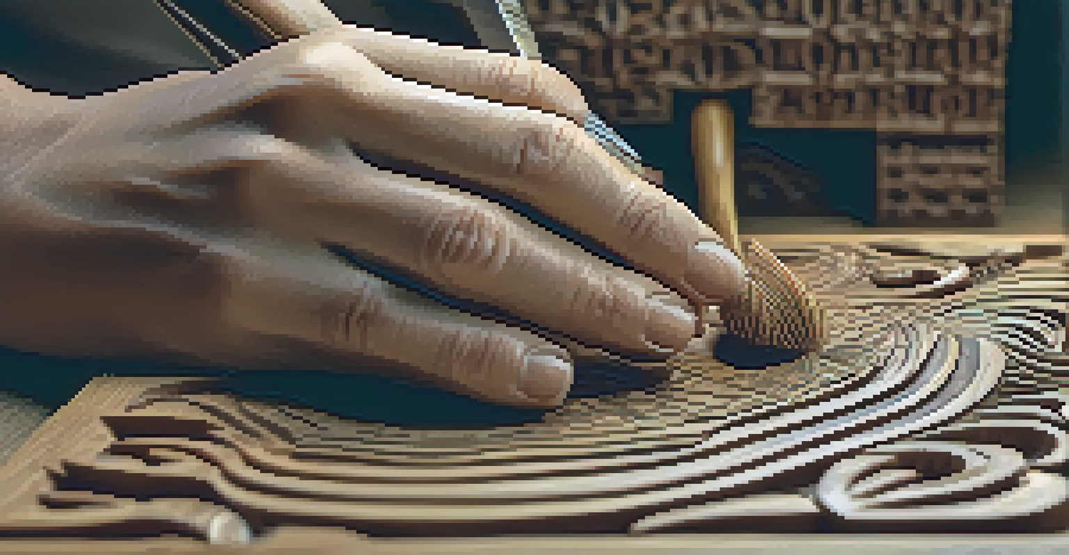 Close-up of hands carving intricate patterns into a wooden block, highlighting the tools and wood texture.