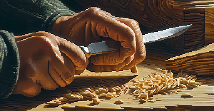 A close-up of hands carving wood with a knife, showcasing the craftsmanship and wood shavings.