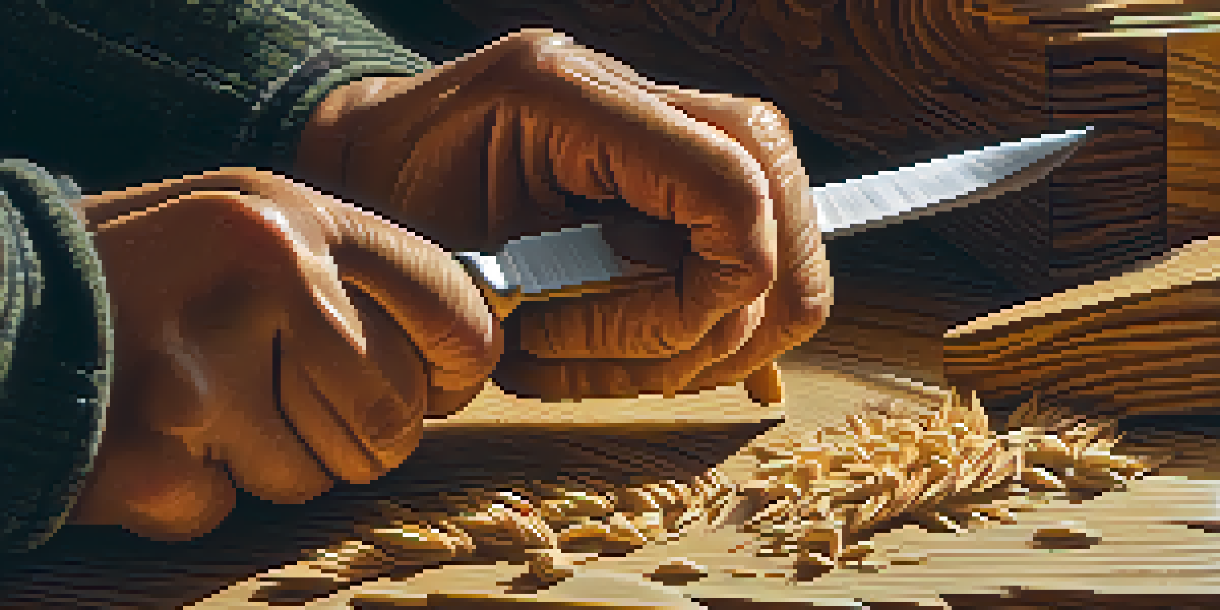 A close-up of hands carving wood with a knife, showcasing the craftsmanship and wood shavings.