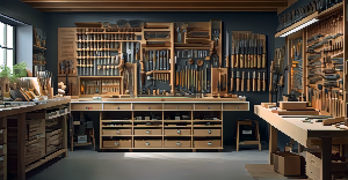 A tidy carving workspace with organized tools and clear labels, emphasizing efficiency and creativity.