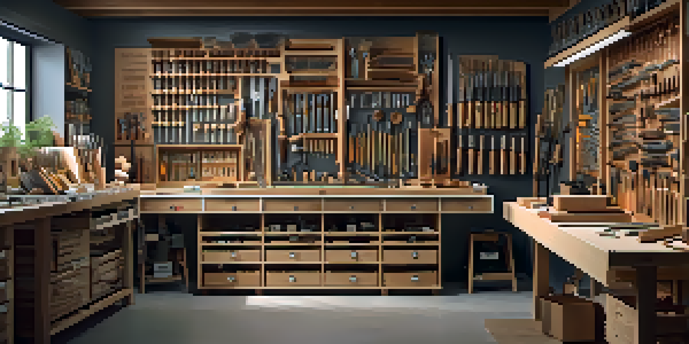A tidy carving workspace with organized tools and clear labels, emphasizing efficiency and creativity.