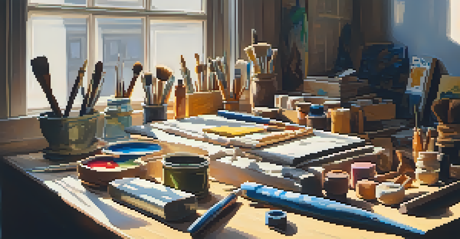 An artist's workspace showcasing carving tools, a wooden sculpture, and paints, illuminated by natural light.