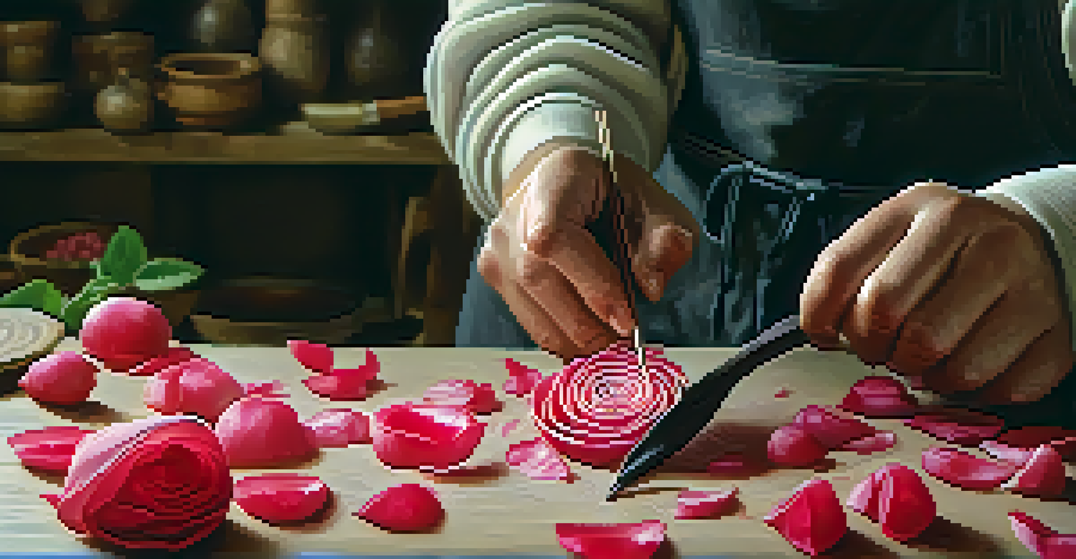 A close-up of hands carving a rose from a radish, showcasing intricate details and carving tools.