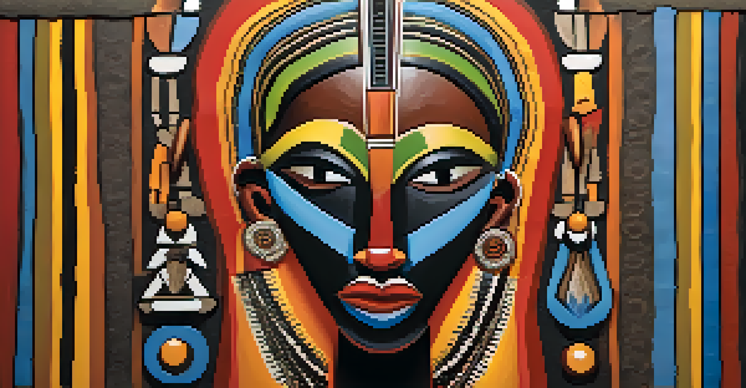 A colorful African tribal carving featuring bold shapes and spiritual themes, set against a textured earth-toned background.
